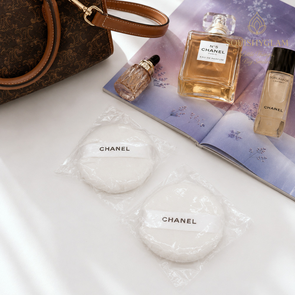 2 x Chanel Beauty White Velour Powder Puff Satin CC Ribbon Full Size Counter New